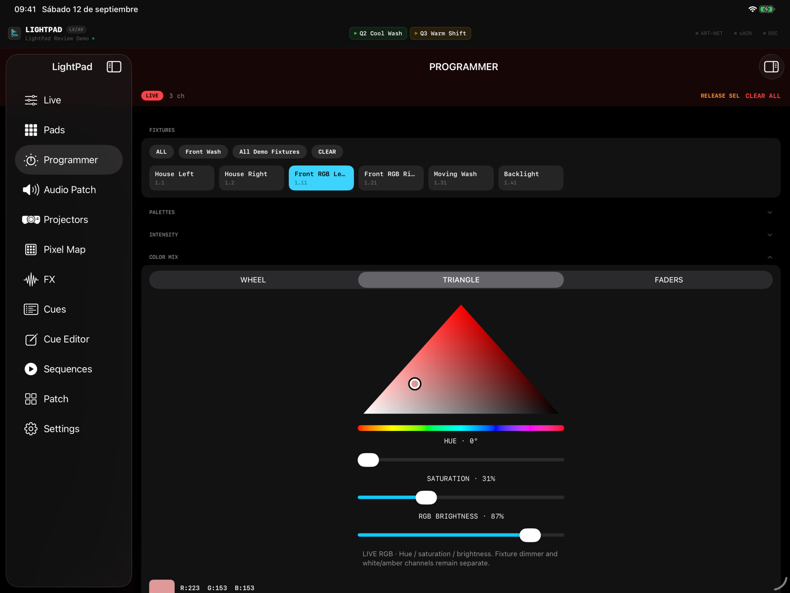 Programmer de LightPad en iPad con selector triangular de color