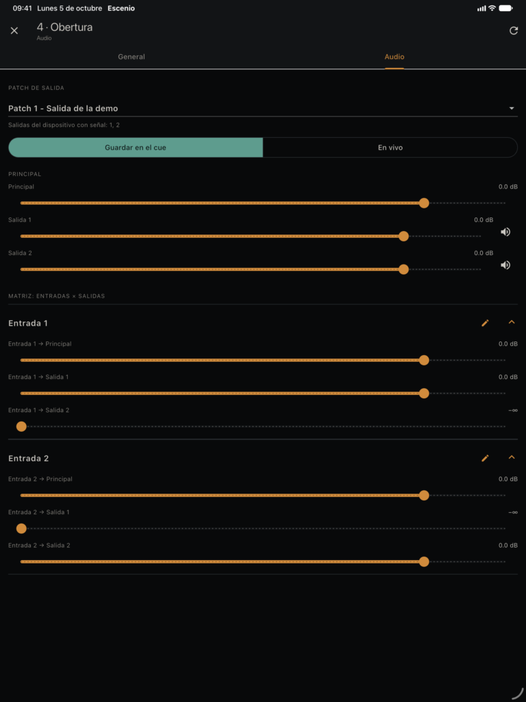 QLab Editing · patch y matriz de audio · iPad