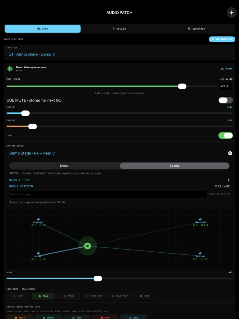 Audio Play: routing, level and spatial distribution