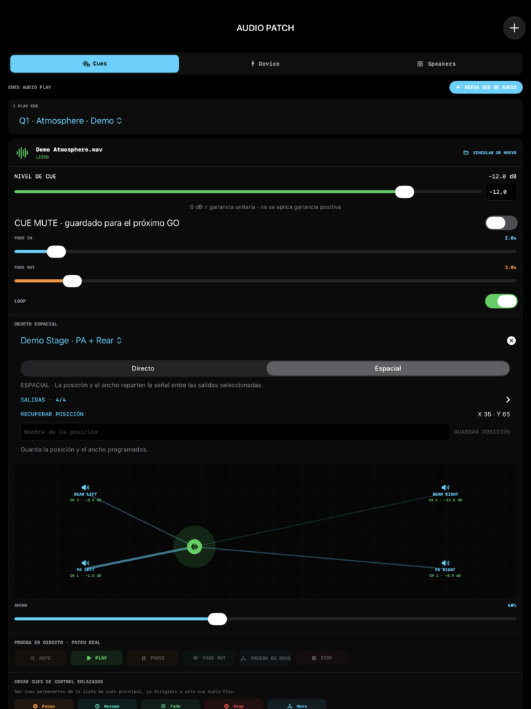 Audio Play: ruta, nivel y distribución espacial