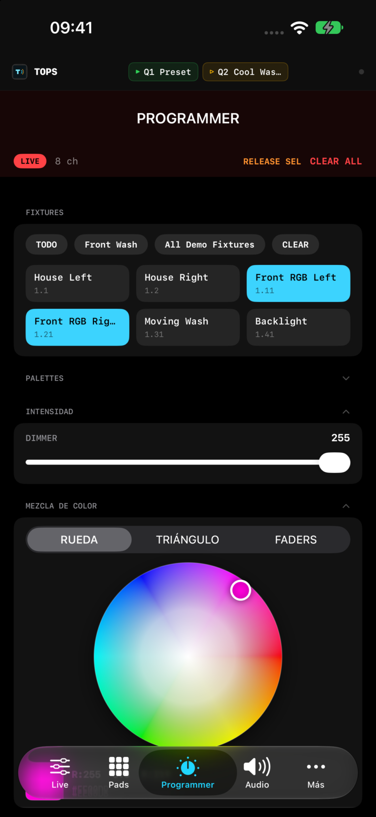Programmer: selección de fixtures, intensidad y color